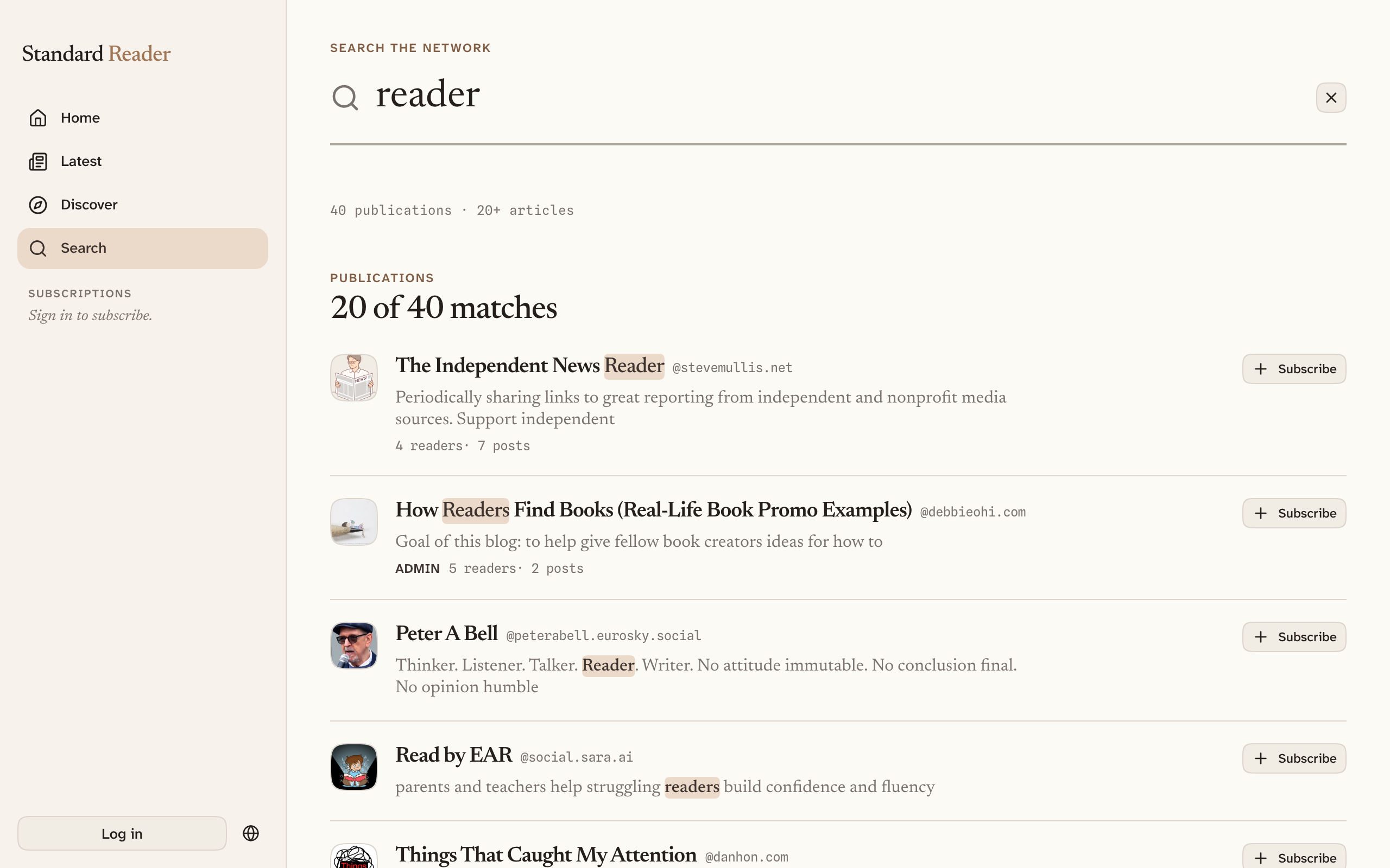 Search results for a query, split into Publications, People, and Articles sections, with the matching words highlighted inside each result's excerpt.